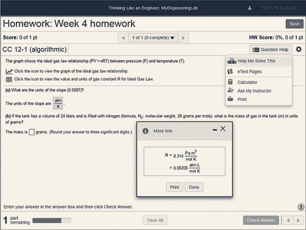 Earlier product experience, restyled: a MyEngineeringLab homework screen titled “Homework: Week 4 homework” for problem CC 12-1. Part (b) asks for the mass of gas in a tank and offers a single answer box (“The mass is __ grams”). A Question Help menu and a More Info window showing the gas constant R are open. The footer reads “Enter your answer in the answer box and then click Check Answer” beside a Check Answer button.